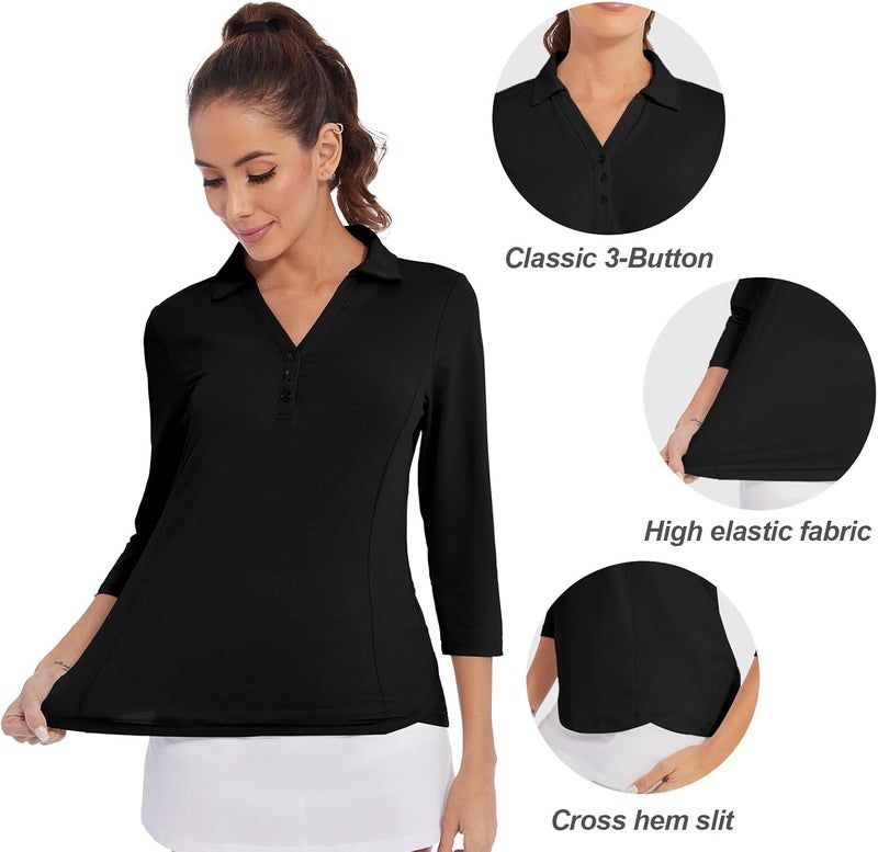 Casei Store Women's Polo Shirt 3/4 Long Sleeve Golf Quick Dry T Shirts UPF 50+ Athletic Casual Work Shirts Tops for Women - Image 3